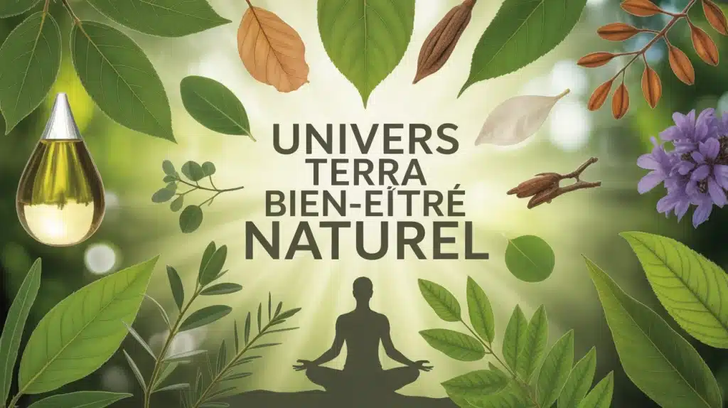 illustration univers Terra bien-être naturel avec feuilles et huiles essentielles