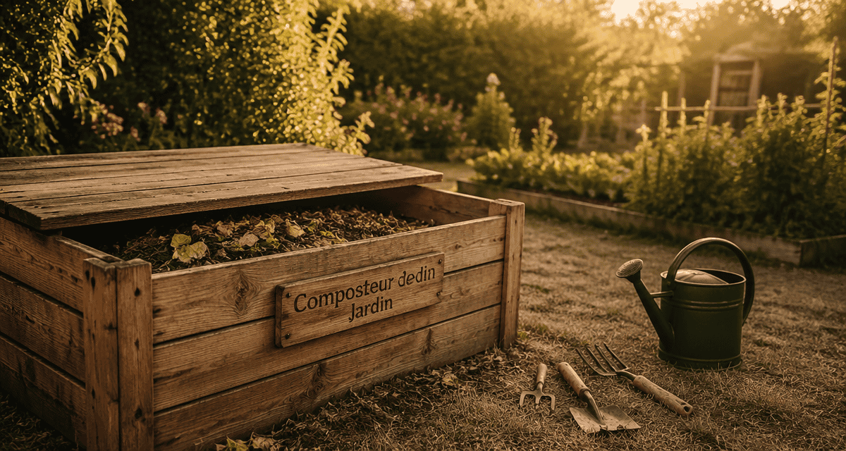 Composteur jardin bois et outils à l'heure dorée