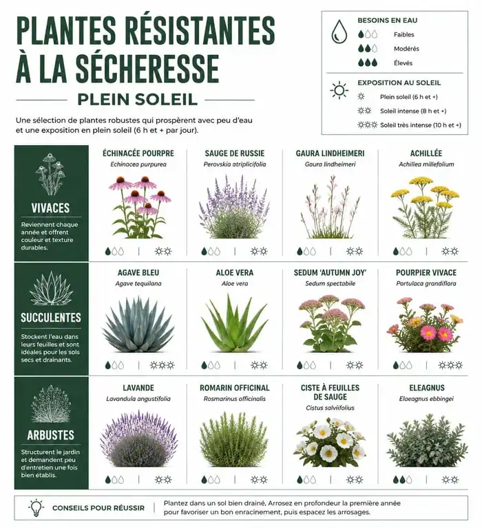 Infographie des meilleures plantes plein soleil sans arrosage pour un jardin sec