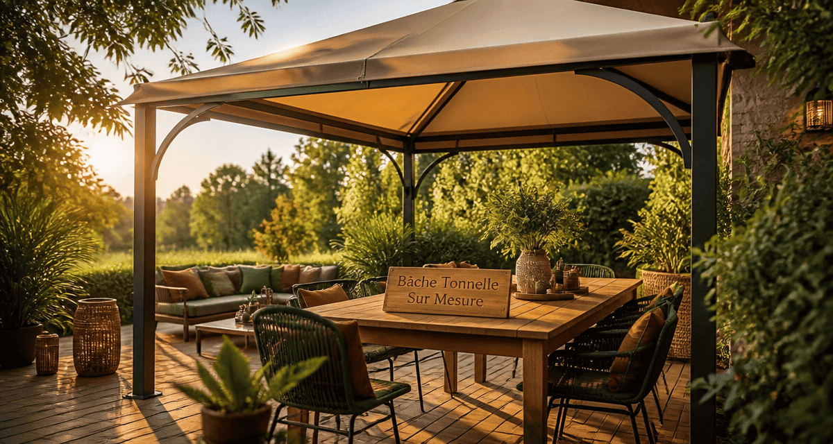 bache tonnelle sur mesure PVC beige sable sur terrasse