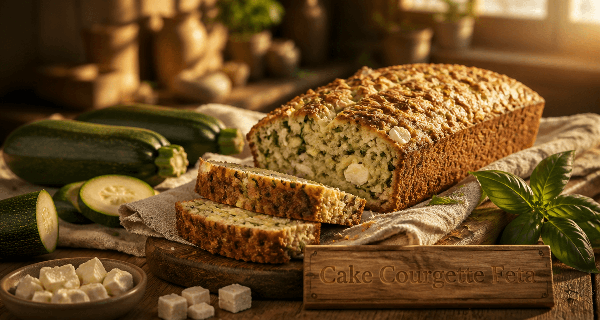 Cake courgette feta doré sur table en bois
