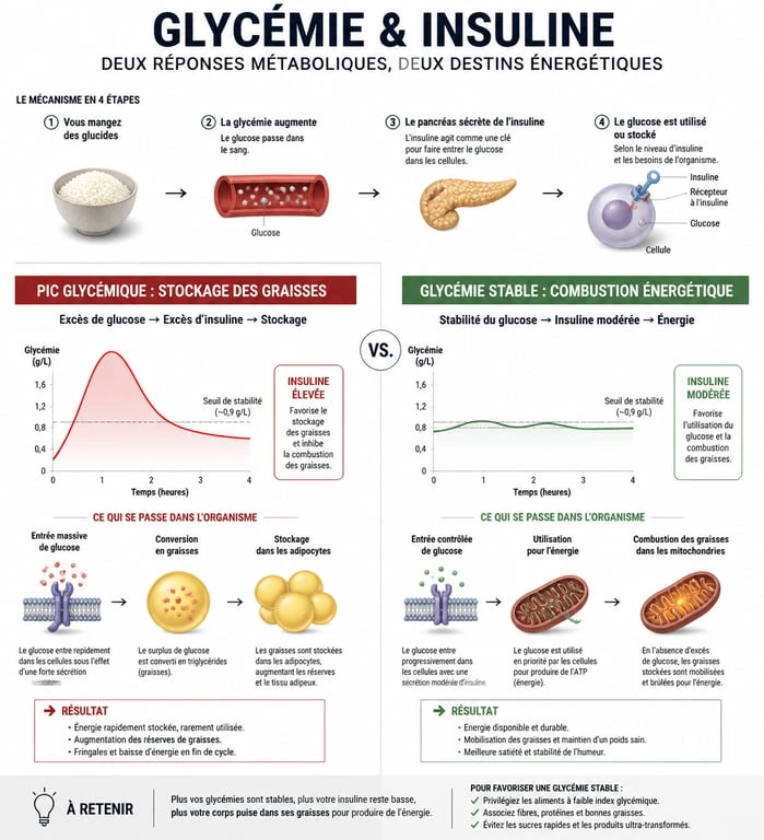 Infographie expliquant le lien entre glycémie, insuline et perte de poids pour faire baisser la glycémie