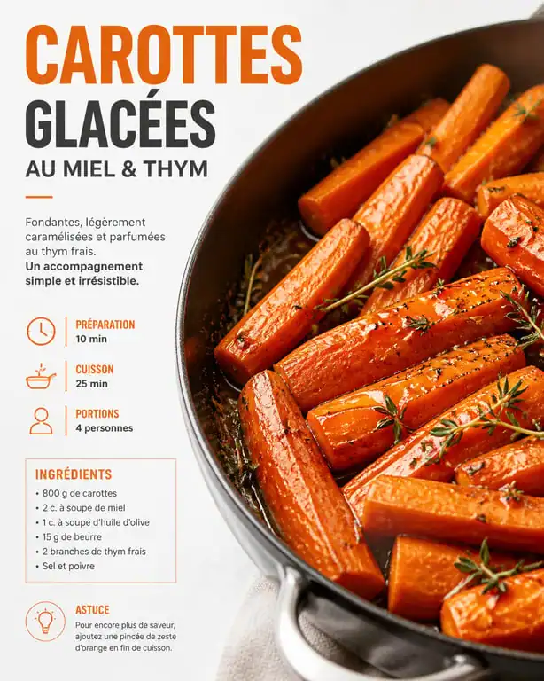 Carottes glacées au miel, thym et citron dans une sauteuse