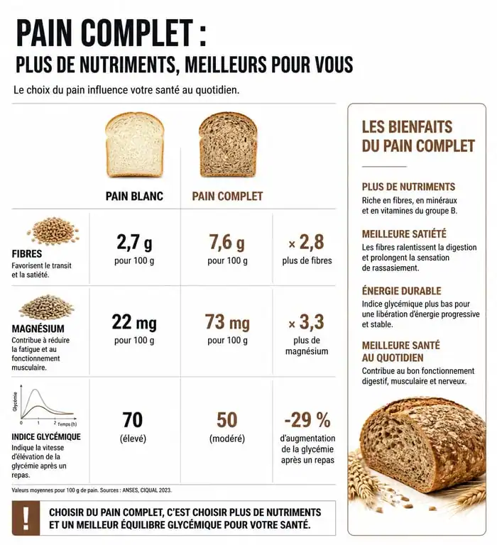 Infographie des bienfaits nutritionnels et santé du pain complet par rapport au pain blanc