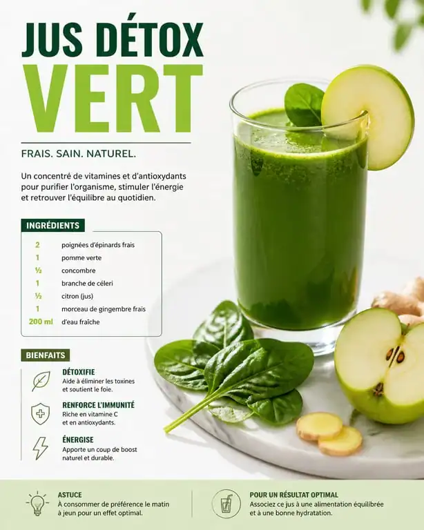 Jus détox pour le foie maison, recette santé à base de pomme, épinards et citron