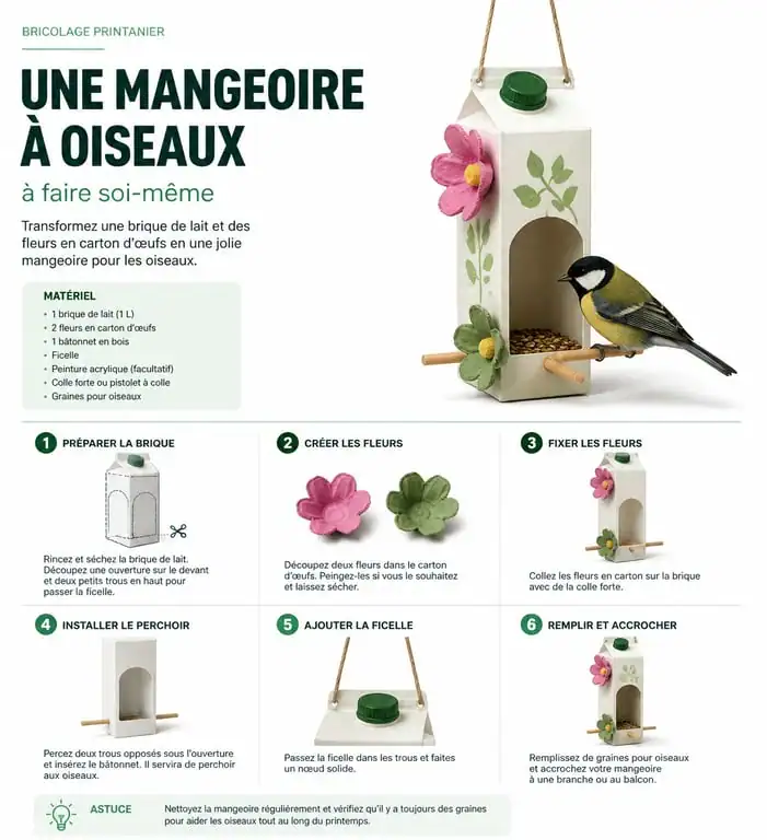 Tutoriel illustré pour fabriquer une mangeoire à oiseaux et des fleurs en carton d'œufs pour une activité printemps