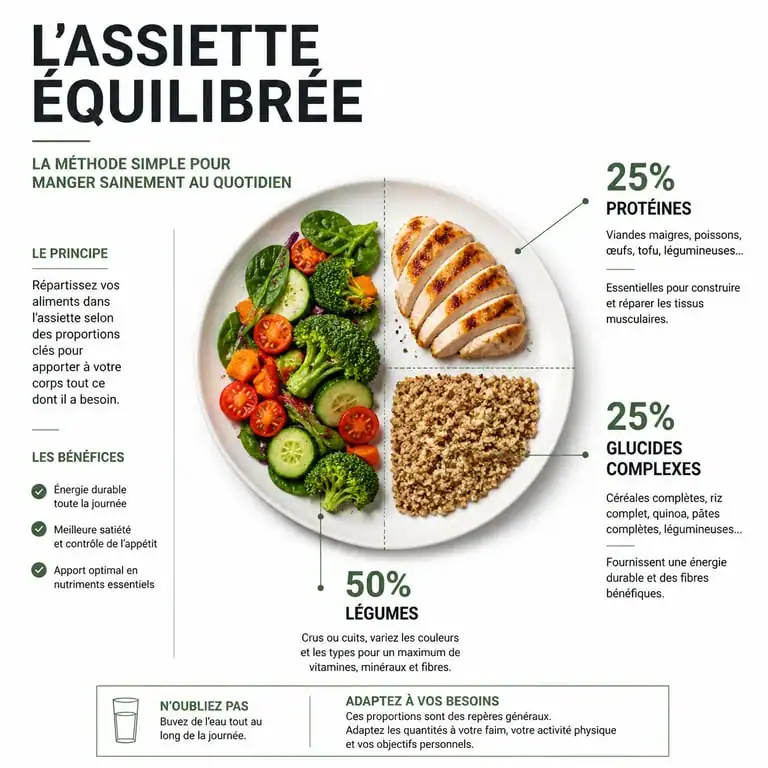Infographie illustrant la méthode de l'assiette équilibrée pour un plan alimentaire nutritionniste