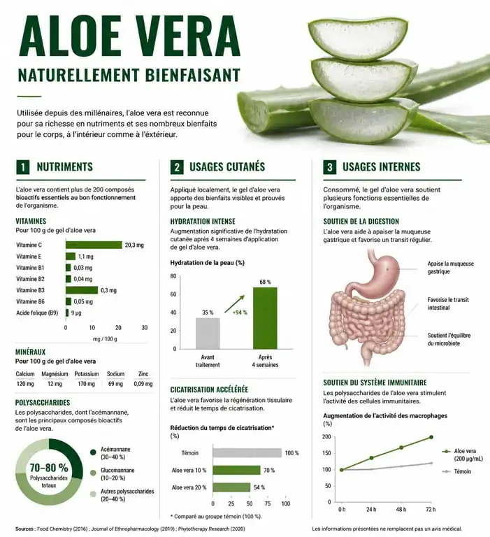 Infographie résumant les bienfaits de l'aloe vera pour la santé et la peau
