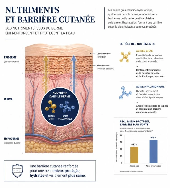 Infographie sur le mécanisme d'action des compléments alimentaires pour peau sèche