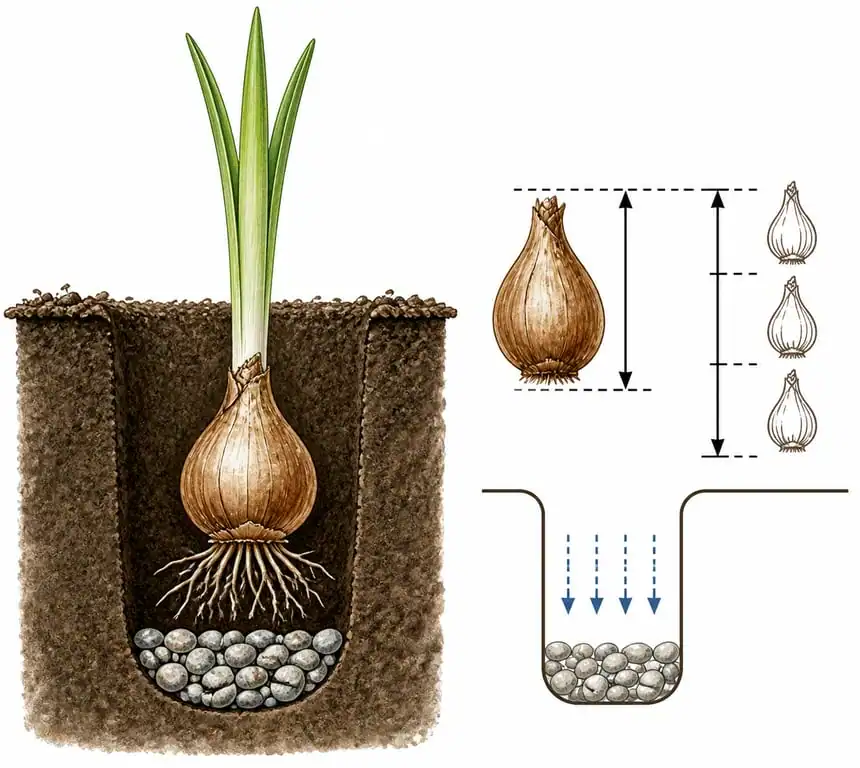 Schéma illustrant la règle des trois hauteurs pour la plantation des bulbes de fleurs