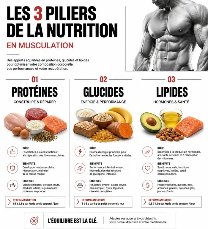 Infographie des trois piliers de la nutrition pour la musculation : protéines, glucides et lipides