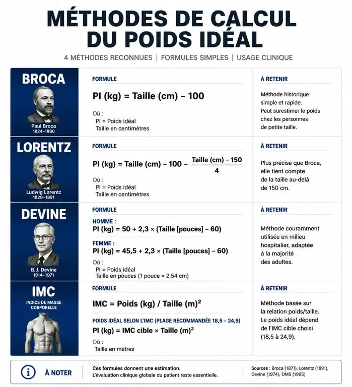 Infographie comparative des méthodes de calcul du poids idéal : Broca, Lorentz, Devine et IMC.