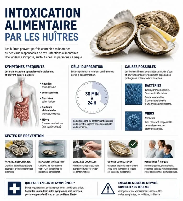 Infographie sur les symptômes et la prévention de l'intoxication alimentaire par les huîtres