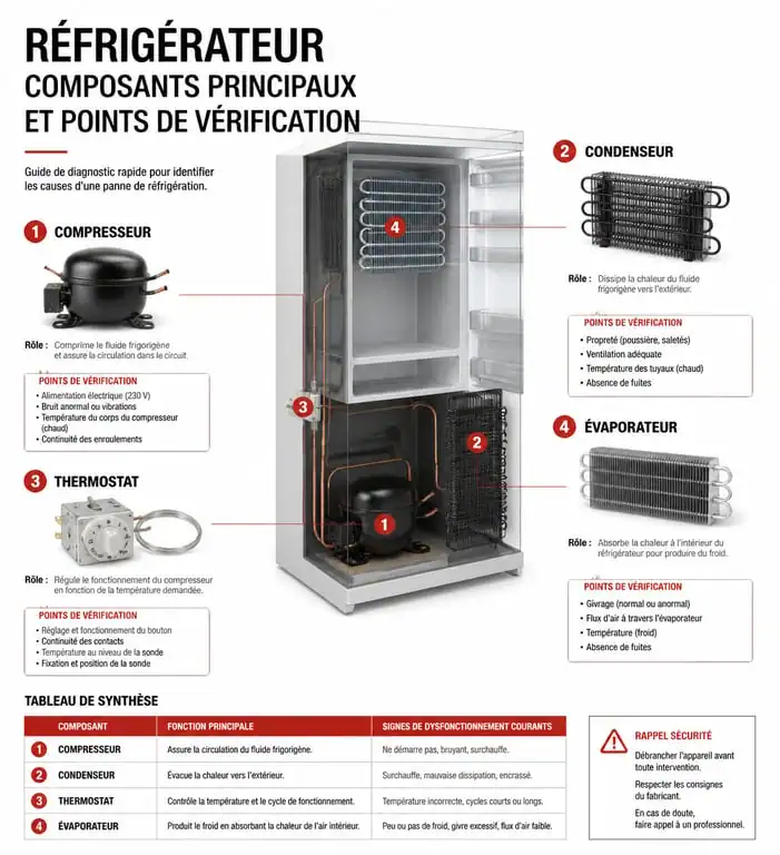 Infographie diagnostic panne réfrigérateur et composants techniques
