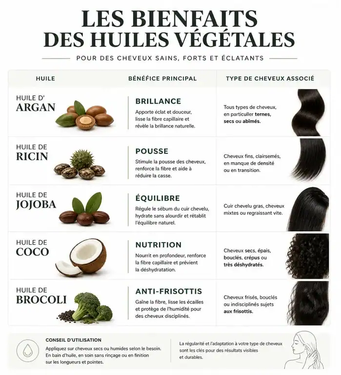 Infographie comparative des meilleures huiles pour cheveux selon leurs bienfaits et types de cheveux