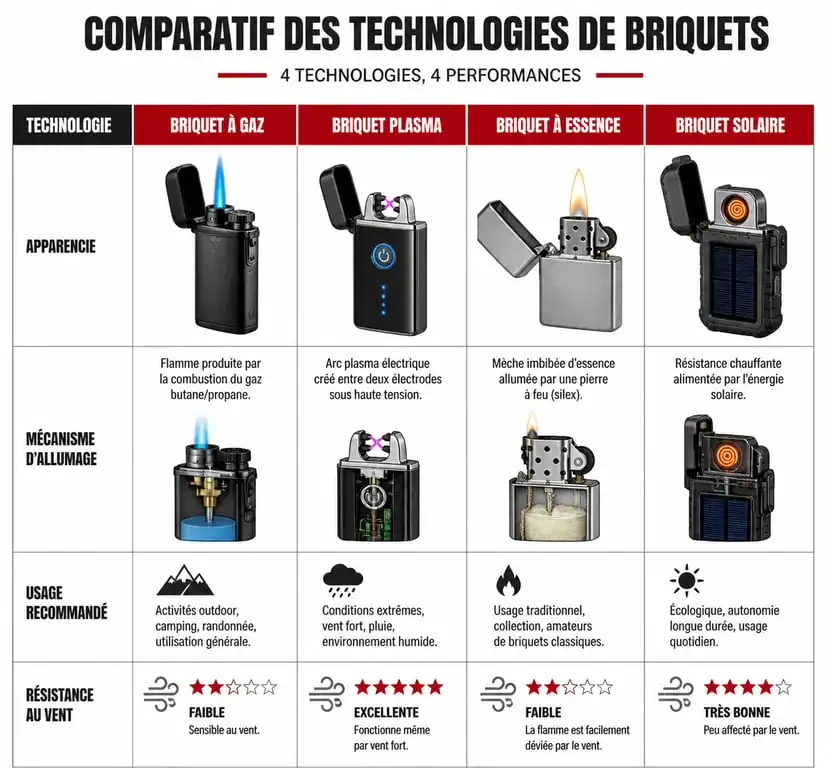 Infographie comparative des différents types de briquets : gaz, plasma, essence et solaire pour choisir le modèle adapté.