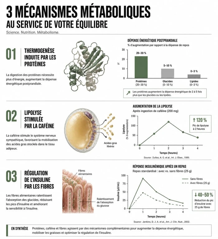 Infographie expliquant les mécanismes des aliments brûle-graisse sur le métabolisme et la perte de poids