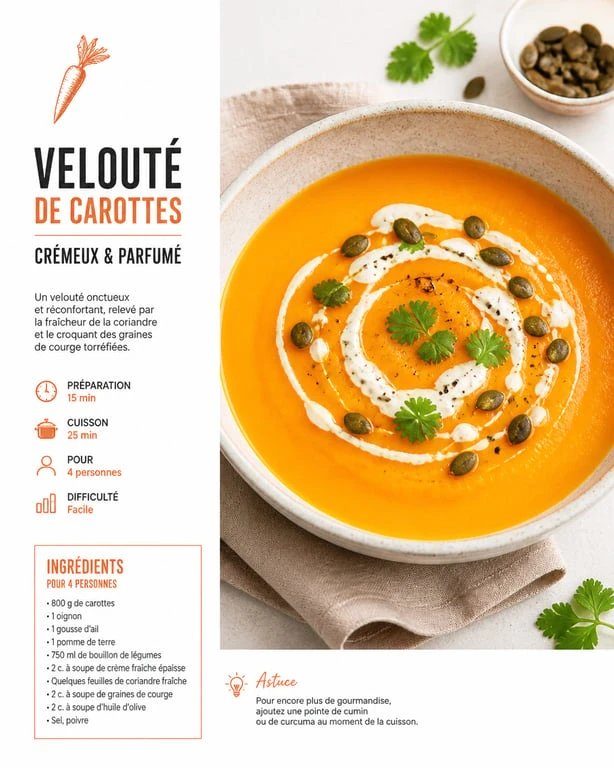 Velouté de carottes onctueux servi dans une assiette creuse avec une touche de crème et des herbes fraîches.