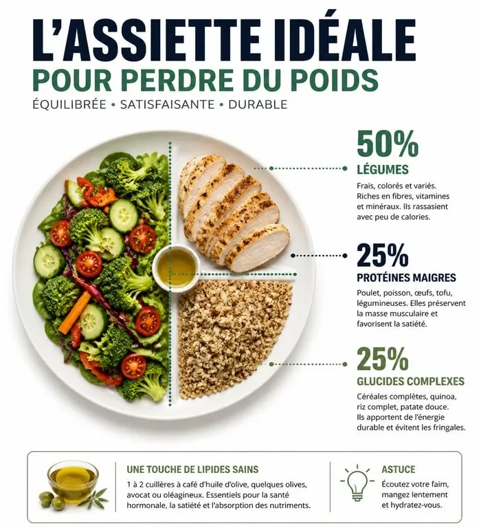 Infographie de la composition d'une assiette équilibrée pour maigrir vite et bien