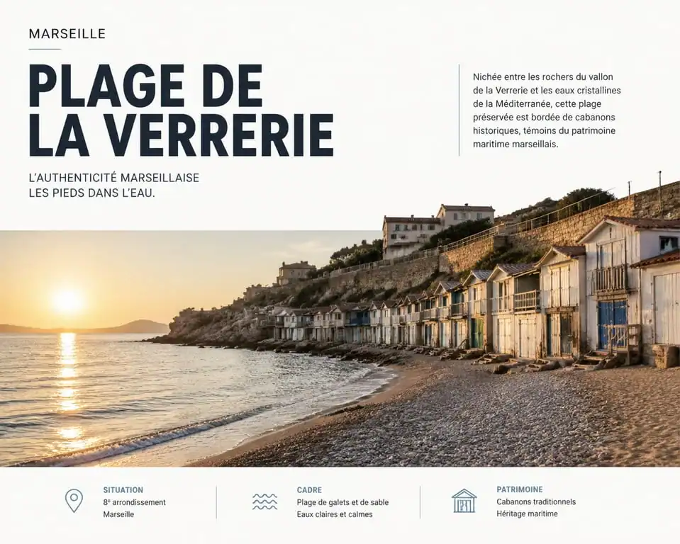 Plage de la Verrerie à Marseille avec ses cabanons typiques et son accès à la mer