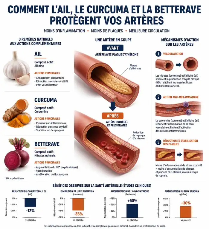 Infographie sur les bienfaits des remèdes de grand-mère pour déboucher les artères et la santé cardiovasculaire