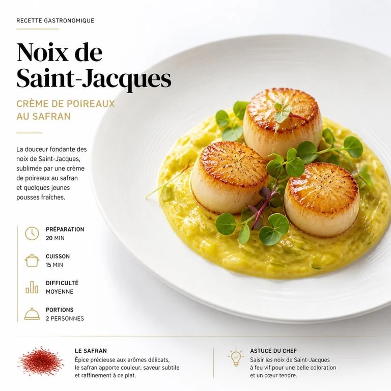 Entrée facile et chic : noix de Saint-Jacques sur lit de crème de poireaux au safran