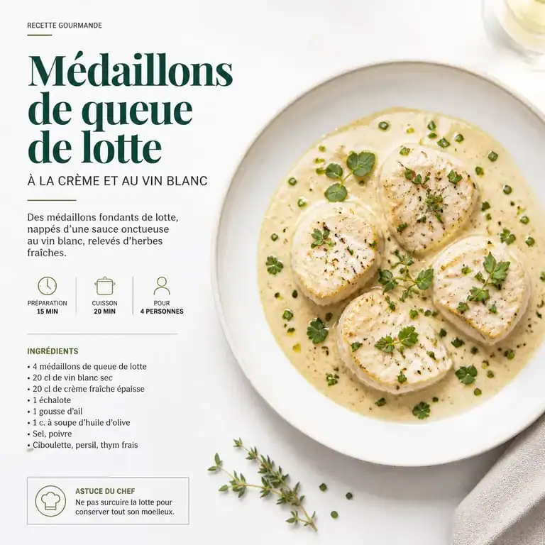 Médaillons de queue de lotte à la crème et au vin blanc, recette gastronomique