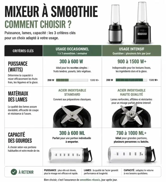 Infographie comparative des critères de choix pour un mixeur à smoothie