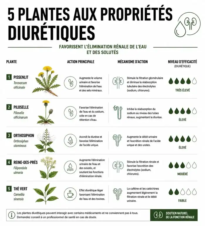 Infographie comparative des plantes diurétiques naturelles les plus puissantes pour la rétention d'eau