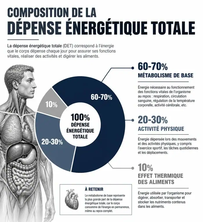 Infographie expliquant le calcul du besoin journalier en calories et la dépense énergétique totale