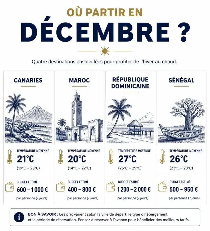 Infographie comparative des destinations pas chères pour un voyage au soleil en décembre
