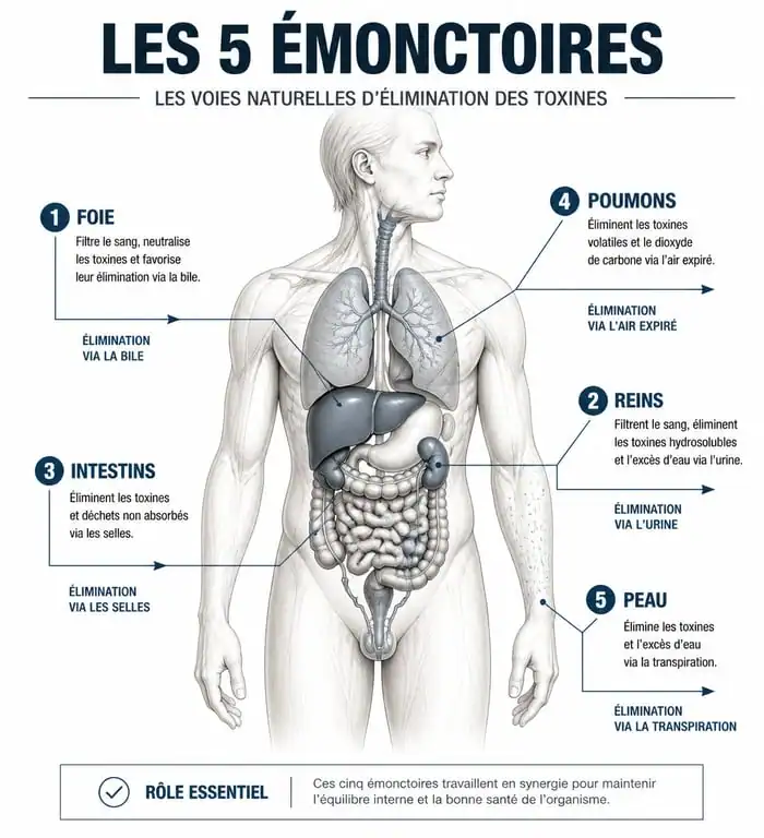 Schéma explicatif des cinq émonctoires pour une détox naturelle efficace