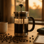 meilleure cafetière à piston en verre sur table en bois