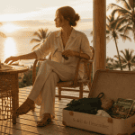 Femme en terrasse valise pays chaud en décembre pas cher