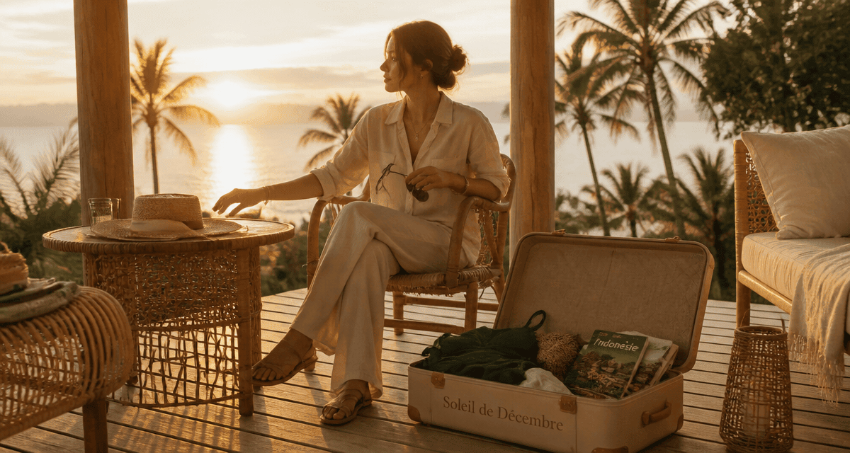 Femme en terrasse valise pays chaud en décembre pas cher