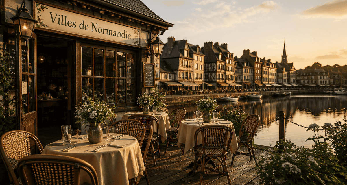 Terrasse de café port ville Normandie maisons bois