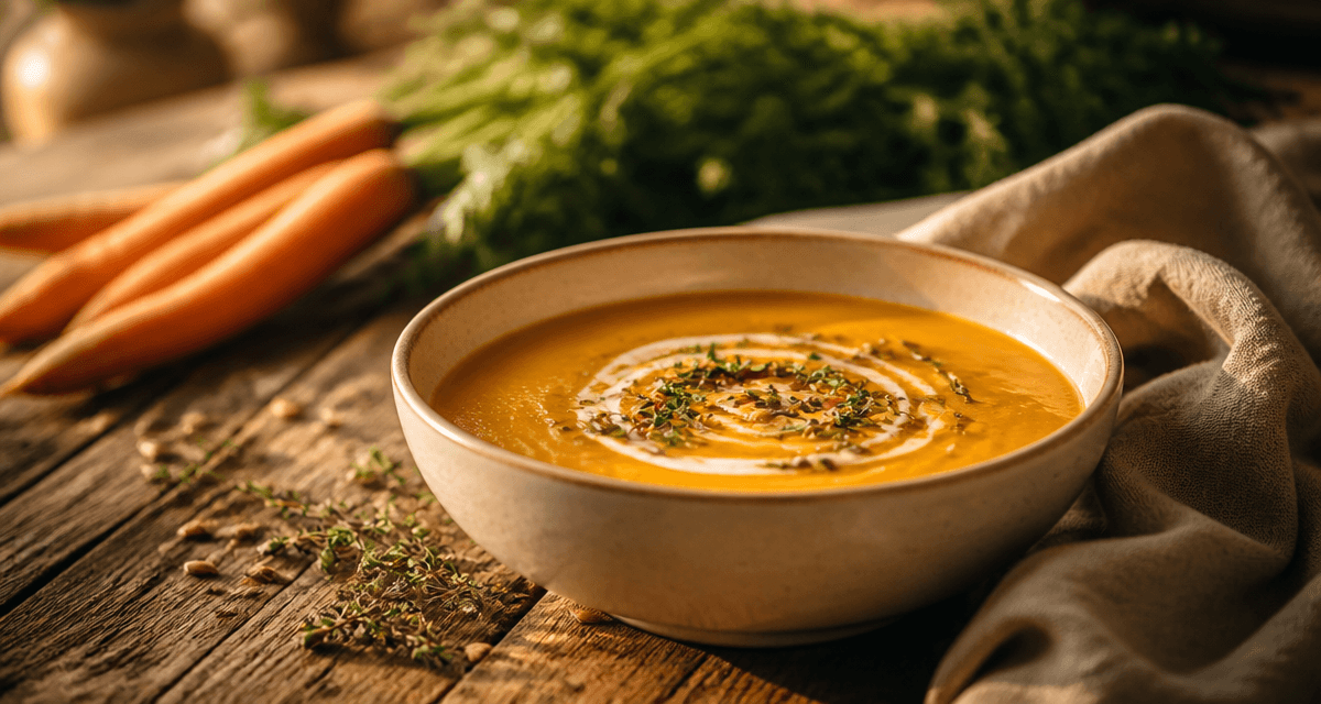 Velouté de carottes crémeux et décor rustique