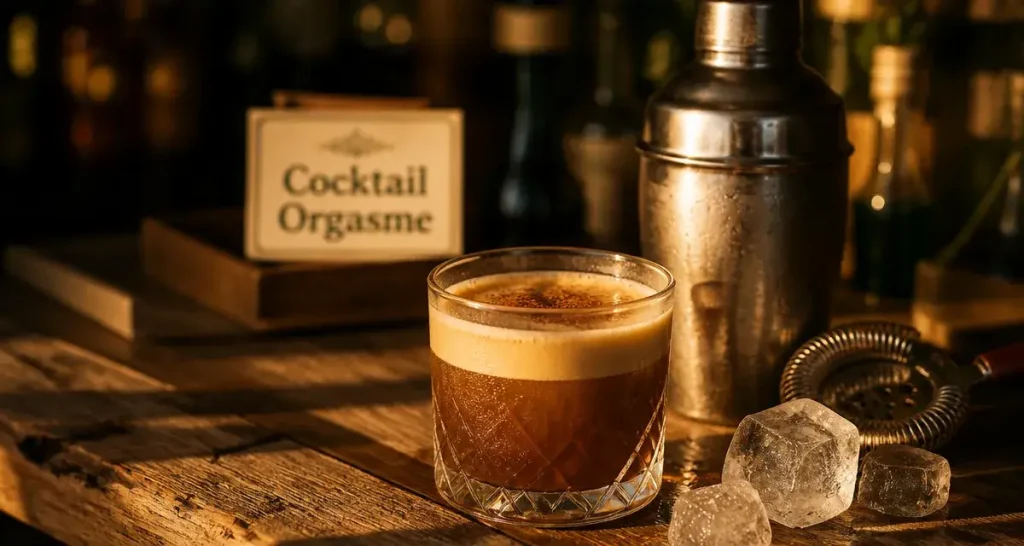 Cocktail orgasme crémeux ambré, mousse veloutée, verre givré