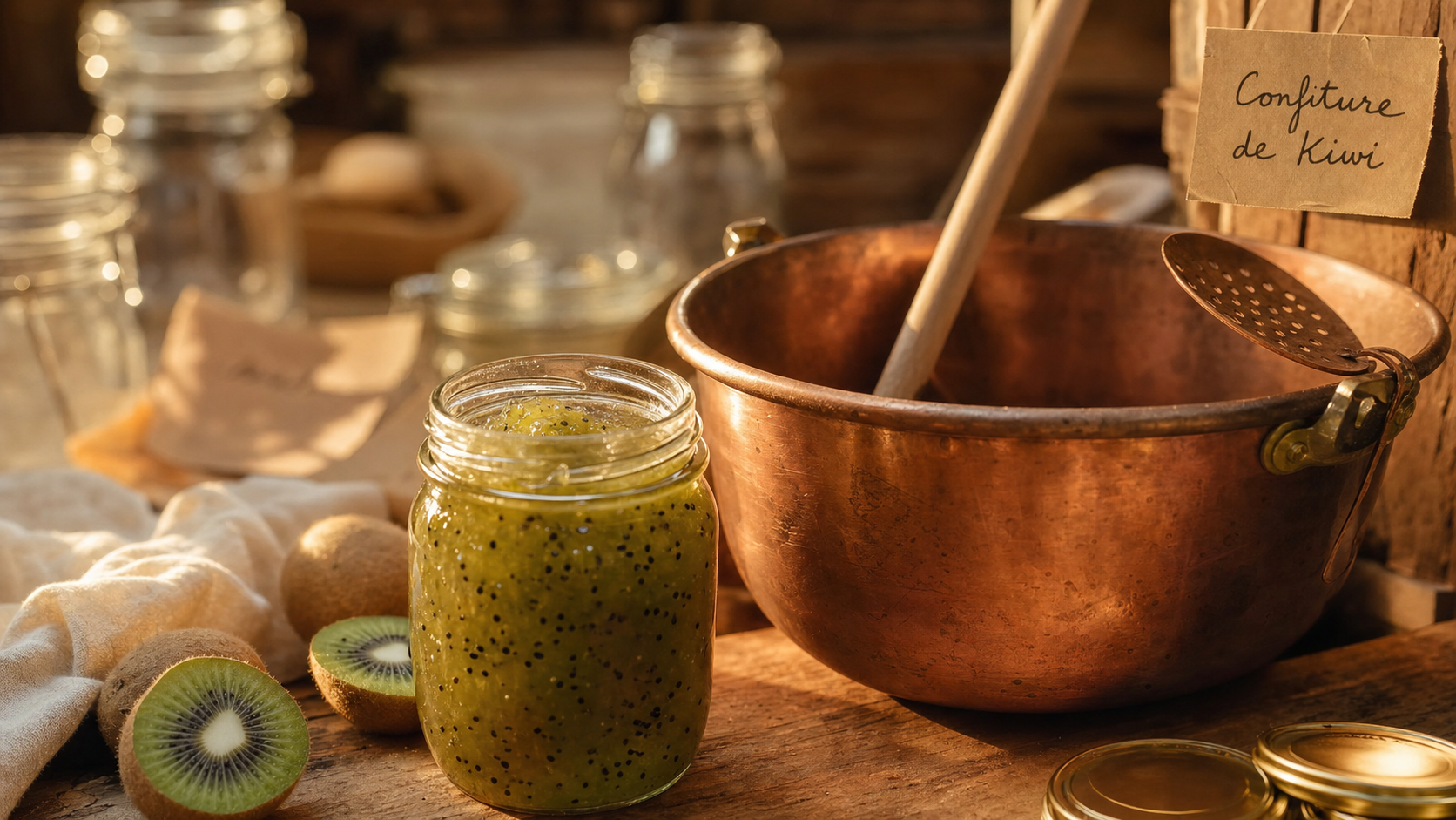 Confiture de kiwi de grand-mère maison au kiwi émeraude, pot en verre à la golden hour