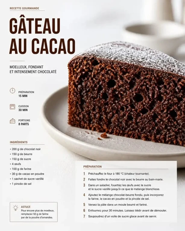 Gâteau au cacao moelleux et aérien, recette simple et rapide