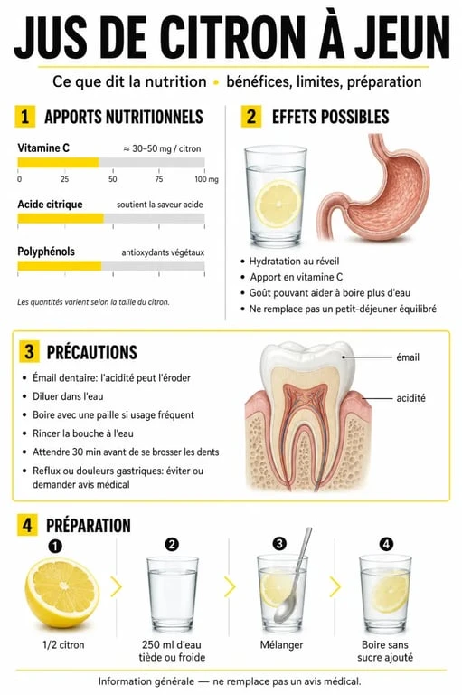 Infographie sur les bienfaits et précautions du jus de citron le matin à jeun