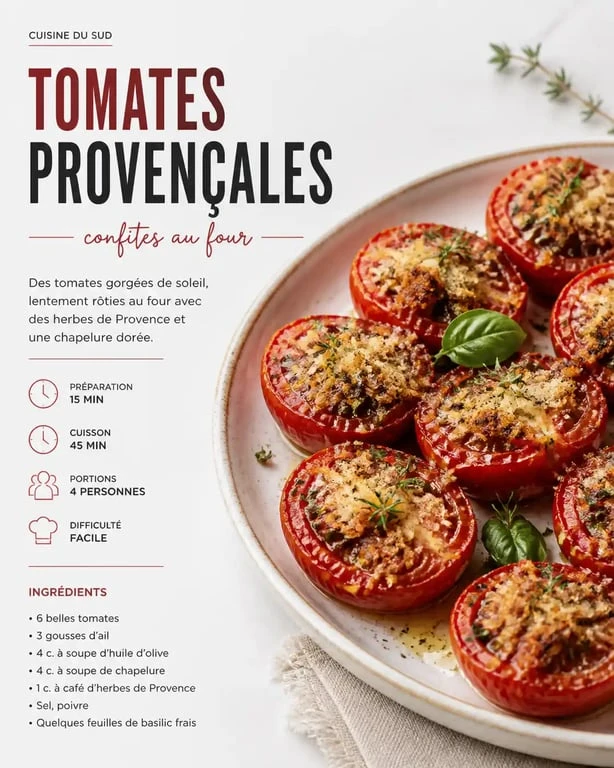Recette avec tomates provençales confites au four, prêtes à être dégustées.