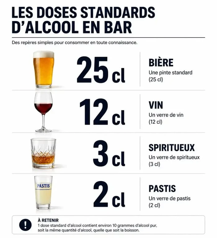Tableau récapitulatif des doses standards d'alcool en bar en centilitres