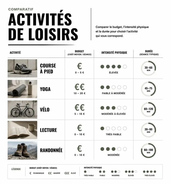 Infographie comparative des meilleures idées de sortie entre amis originale : budget, intensité et durée.