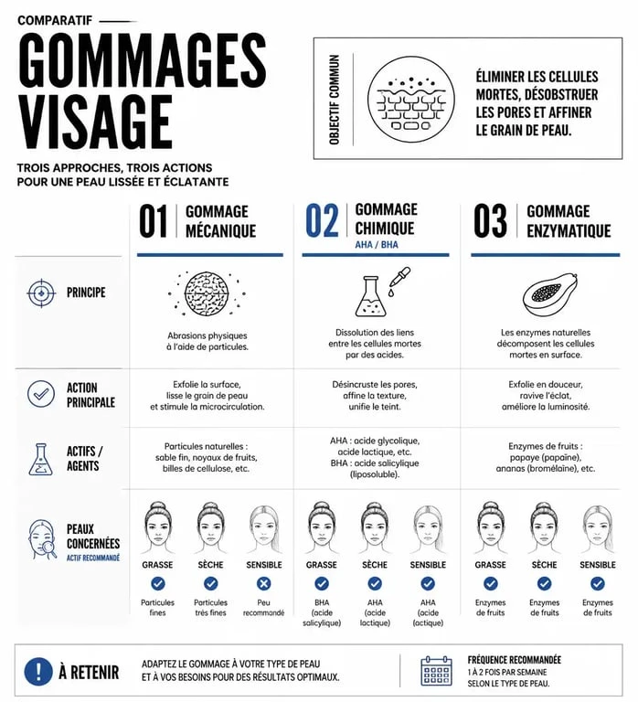 Infographie comparative des types de gommages visage pour choisir le meilleur gommage selon son type de peau