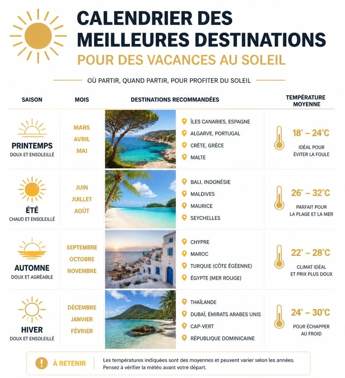 Infographie des meilleures destinations pour une vacance au soleil selon la saison