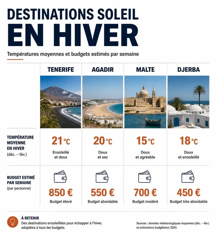 Infographie comparative des destinations soleil pas cher en hiver avec températures et budgets