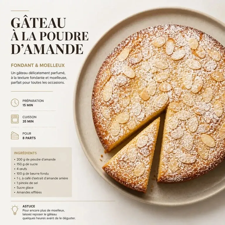 Gâteau à la poudre d'amande moelleux et fondant servi sur une assiette