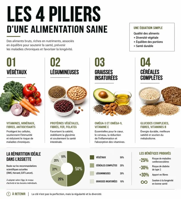 Infographie des piliers d'une alimentation saine et équilibrée pour rester en bonne santé