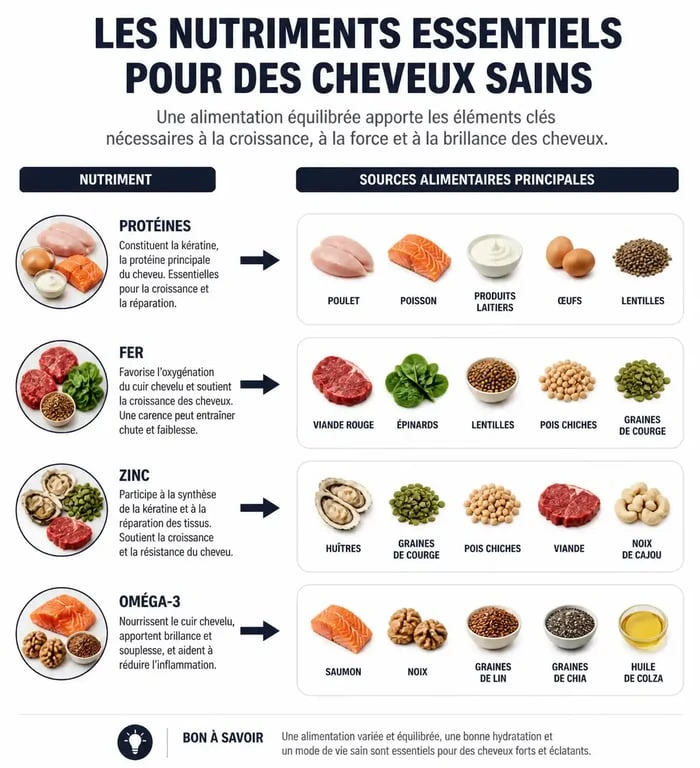 Infographie des nutriments et aliments bons pour les cheveux